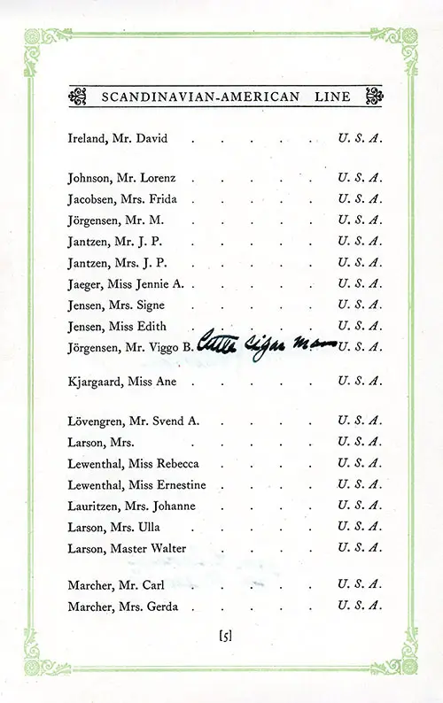 Annotated List of Cabin Passengers, Part 3 (Ireland-Marcher), SS Hellig Olav Cabin Class Passenger List, 22 July 1926.
