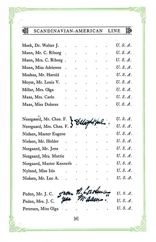 Annotated List of Cabin Passengers, Part 4 (Meek-Petersen), SS Hellig Olav Cabin Class Passenger List, 22 July 1926.