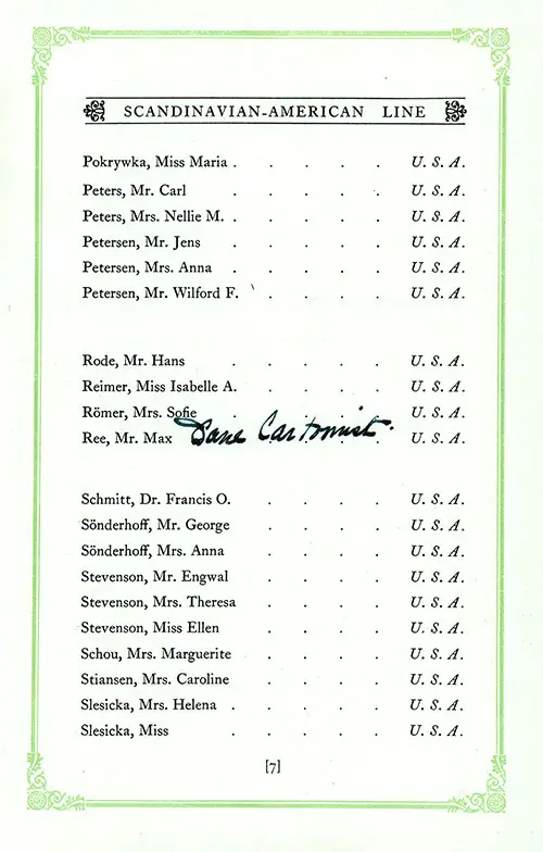 Annotated List of Cabin Passengers, Part 5 (Pokrywka-Slesicka), SS Hellig Olav Cabin Class Passenger List, 22 July 1926.