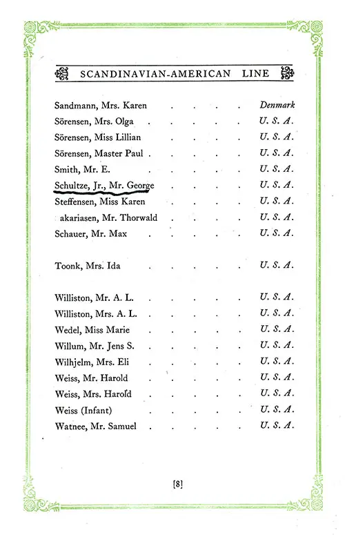 List of Cabin Class Passengers, Part 6 (Sandmann-Watnee). Name Underlined, Mr. George Schultze, Jr., Apparently Was the Original Owner of This Passenger List and Made Annotations About His Fellow Passengers. SS Hellig Olav Cabin Class Passenger List, 22 July 1926.
