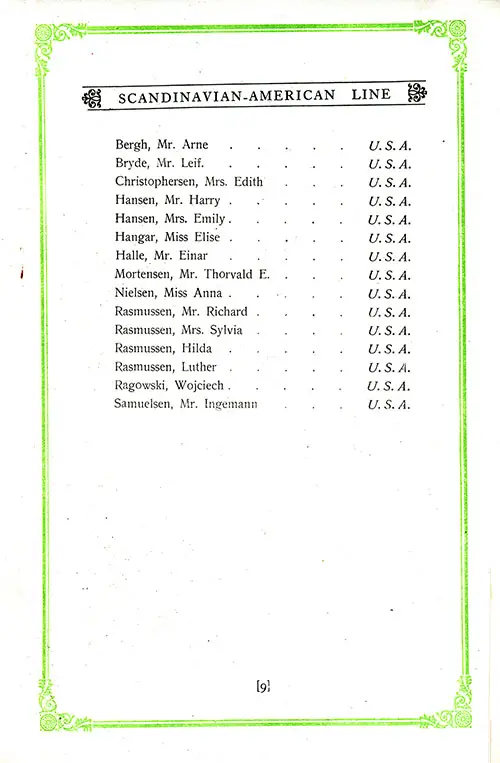 List of Cabin Class Passengers, Part 7 - Addendum (Bergh-Samuelsen), SS Hellig Olav Cabin Class Passenger List, 22 July 1926.