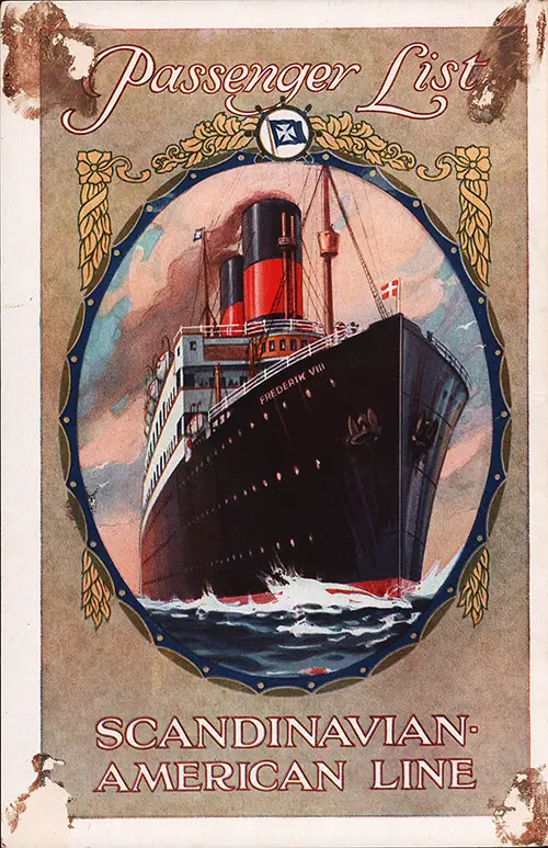 Back Cover Showing Renments of Being Extracted from a Scrapbook. The Design Replacates the Front Cover. SS Hellig Olav Cabin Class Passenger List, 22 July 1926.