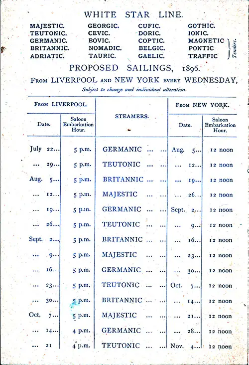GGA Image ID # 23802fc999 White Star Line Sailing Schedule, 22 July 1896 to 4 November 1896 from Liverpool to New York every Wednesday.