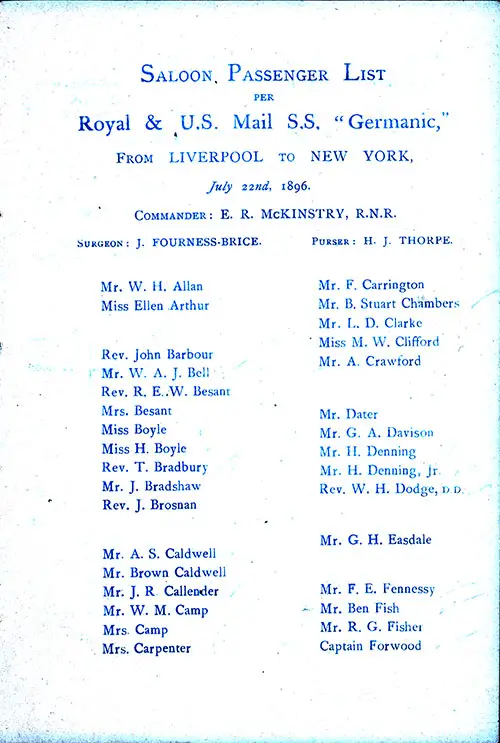 Image ID # 23801fdcd6 Title Page Including List of Senior Officers and Saloon Passengers, Part 1 of 4, Allan-Forwood. RMS Germanic Saloon Passenger List, 22 July 1896.