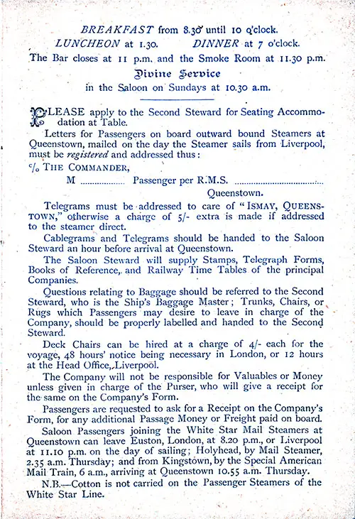 GGA Image ID # 2380dd658d Information for Saloon Passengers, RMS Germanic Saloon Passenger List, 22 July 1896.