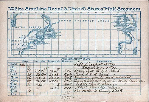 GGA Image ID # 1ffa7631c3 Track Chart and Memorandum of Log, Annotated by the Original Passenger, SS Germanic Passenger List, 22 July 1896.