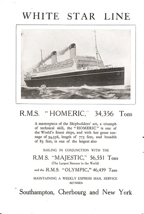 RMS Homeric, 34,356 Tons, A Masterpiece of the Shipbuilders' Art.