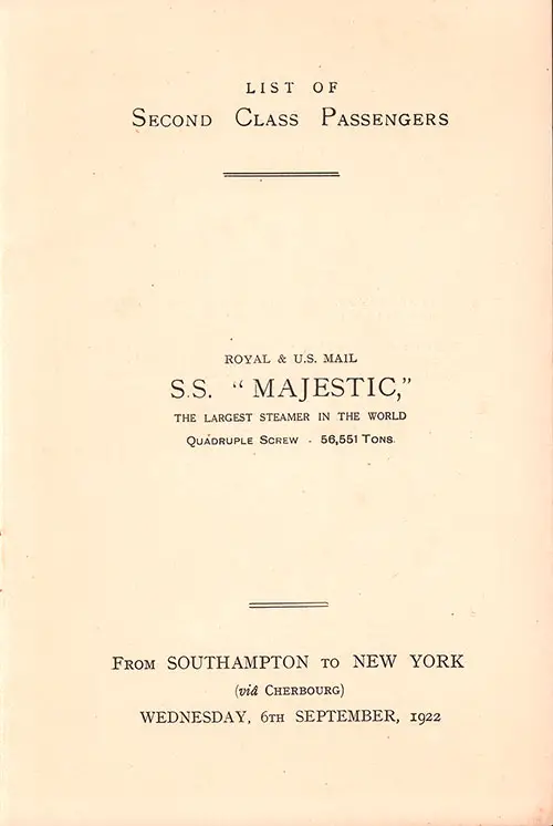 Title Page, RMS Majestic Second Class Passenger List, 6 September 1922.