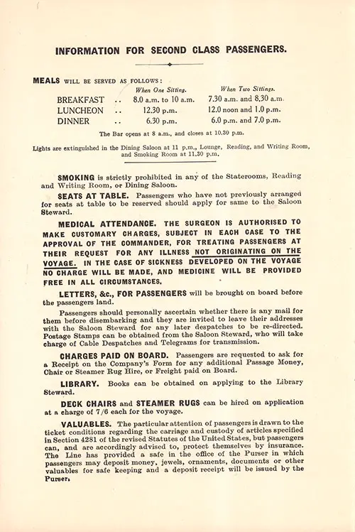 Information for Second Class Passengers, Part 1, RMS Majestic Second Class Passenger List, 6 September 1922.
