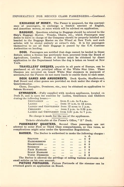 Information for Second Class Passengers, Part 2, RMS Majestic Second Class Passenger List, 6 September 1922.