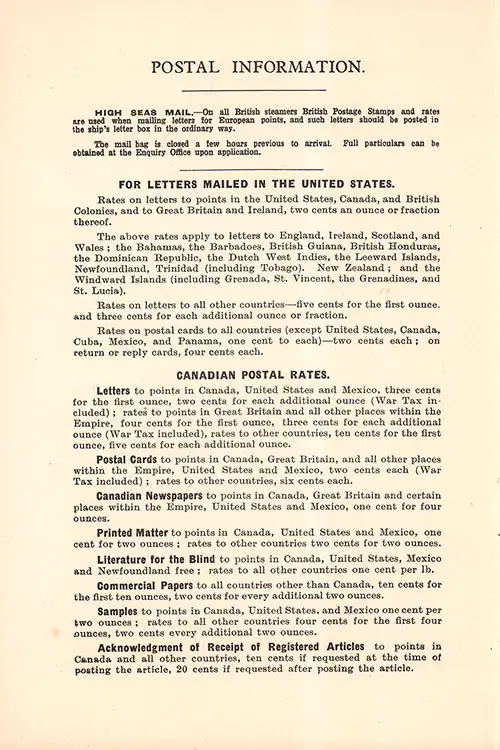 Postal Information: High Seas Mail, Letters Mailed in the United States, and Canadian Postal Rates. RMS Majestic Second Class Passenger List, 6 September 1922.