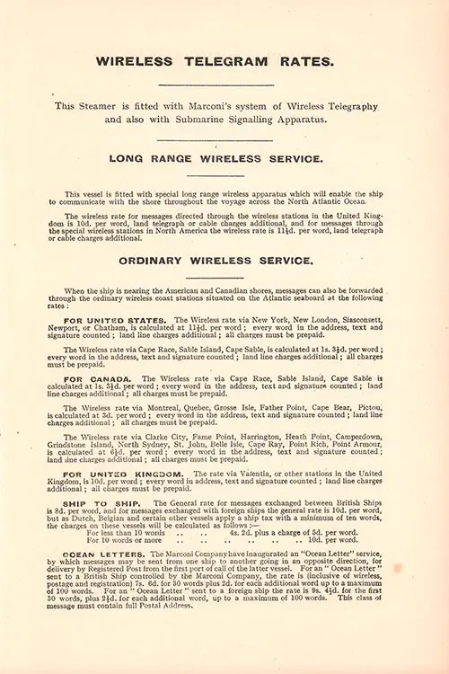 Wireless Telegram Rates, Long Range and Ordinary Wireless Services, and Ocean Letters. RMS Majestic Second Class Passenger List, 6 September 1922.