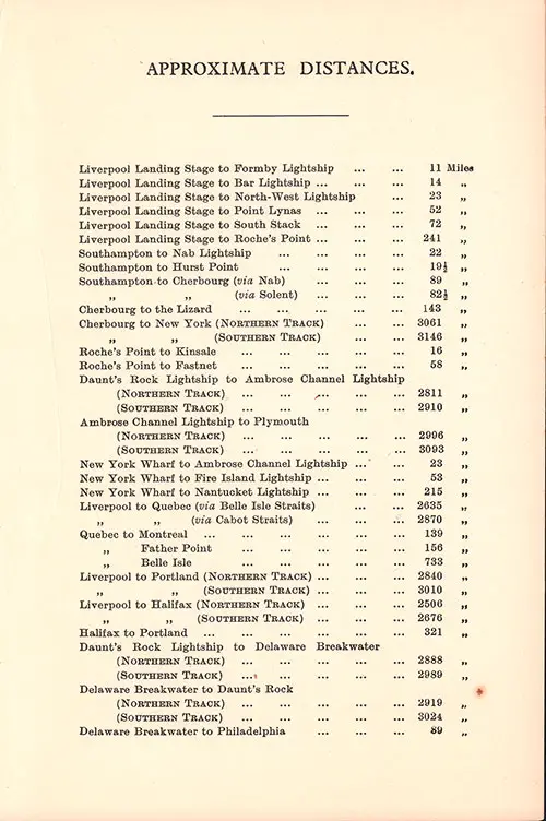 Approximate Distances in Miles Between Ports and Other Geographical Points. RMS Majestic Second Class Passenger List, 6 September 1922.