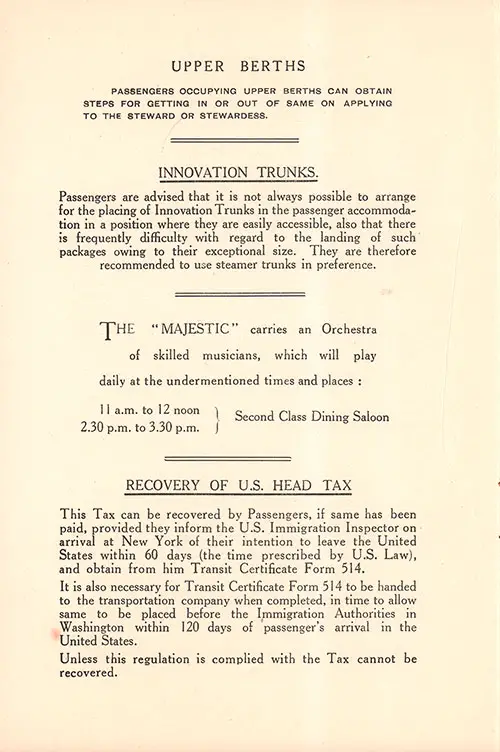 Information for Second Class Passengers, Part 3. RMS Majestic Second Class Passenger List, 6 September 1922.