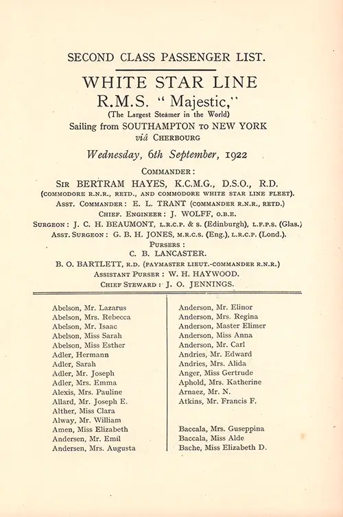 Senior Officers and Staff and Listing Second Class Passengers, Part 1. RMS Majestic Second Class Passenger List, 6 September 1922.