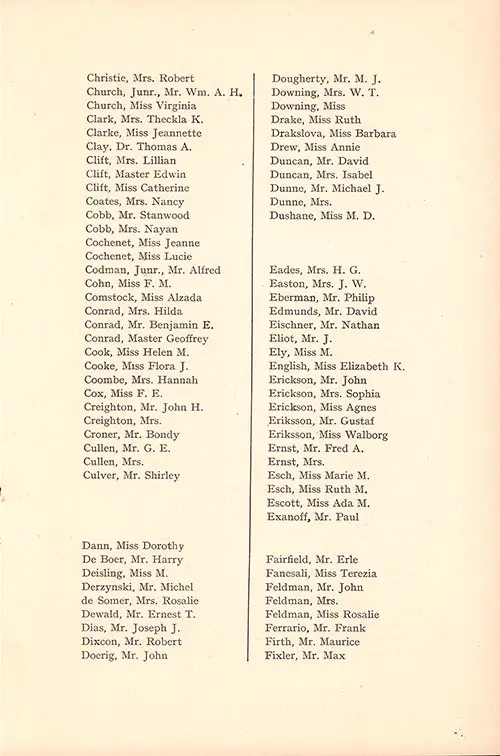 Listing Second Class Passengers, Part 3. RMS Majestic Second Class Passenger List, 6 September 1922.