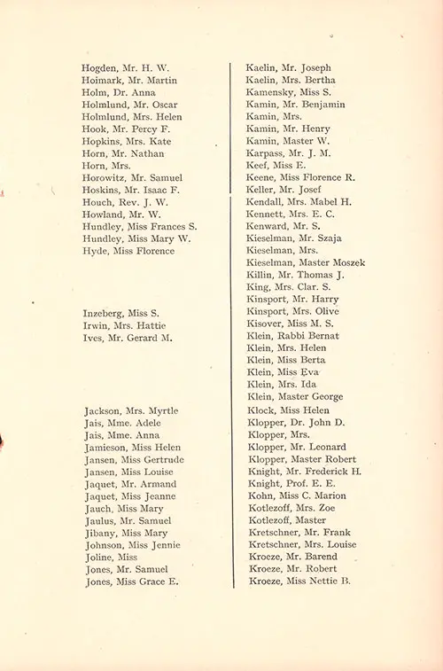 Listing Second Class Passengers, Part 5. RMS Majestic Second Class Passenger List, 6 September 1922.