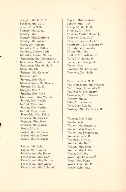 Listing Second Class Passengers, Part 9. RMS Majestic Second Class Passenger List, 6 September 1922.