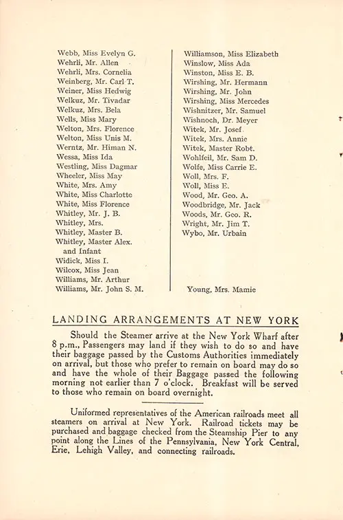 Listing Second Class Passengers, Part 10 and Landing Arrangements at New York. RMS Majestic Second Class Passenger List, 6 September 1922.