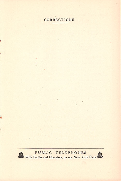Corrections (Blank) and Public Telephones Information. RMS Majestic Second Class Passenger List, 6 September 1922.