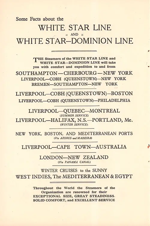 Some Facts About The White Star Line and White Star-Dominion Line (Routes). RMS Majestic Second Class Passenger List, 6 September 1922.