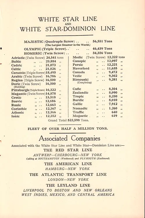 White Star Line and White Star-Dominion Line Fleet List and Associated Companies. RMS Majestic Second Class Passenger List, 6 September 1922.
