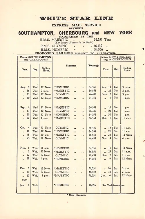 White Star Line Proposed Sailings, Liverpool-Cobh (Queenstown)-New York Service from 5 August 1922 to 30 December 1922.