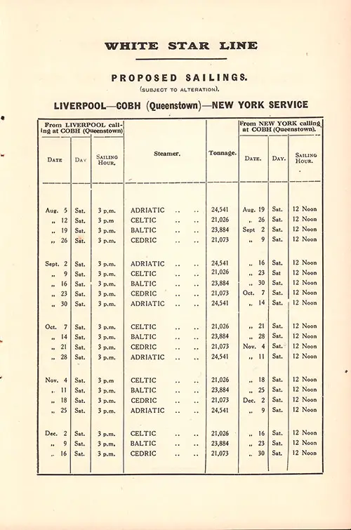 White Star Line Proposed Sailings, Liverpool-Cobh (Queenstown)-New York Service from 5 August 1922 to 30 December 1922.
