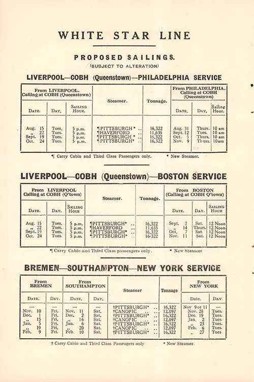 Sailing Schedules, Liverpool-Cobh-Philadelphia, Liverpool-Cobh-Boston, and Bremen-Southampton-New York Service, 15 August 1922 to 27 February 1923.