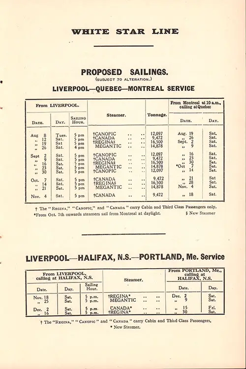 Sailing Schedules, Liverpool-Quebec-Montreal and Liverpool-Halifax-Portland, ME Service, from 8 August 1922 to 30 December 1922.