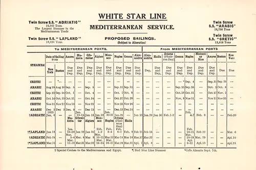 White Star Line Mediterranean Service Proposed Sailings from 29 August 1922 to 13 April 1923.