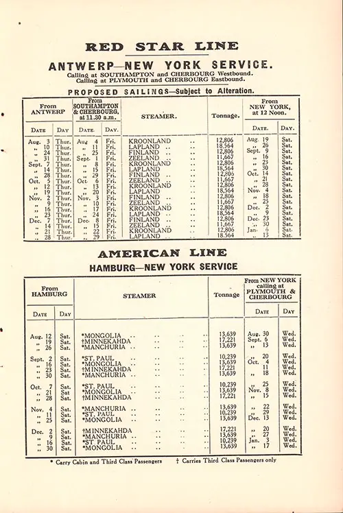 Sailing Schedules - Red Star Line Antwerp-New York Service and American Line Hamburg-New York Service, From 3 August 1922 to 17 January 1923.