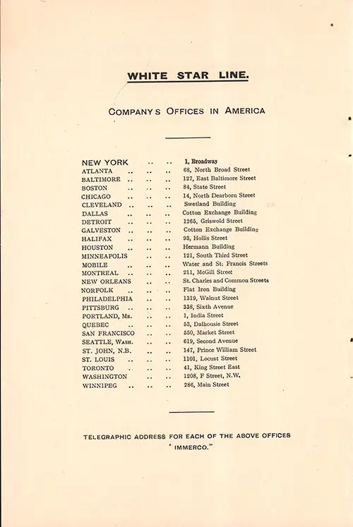 White Star Line Company Offices in North America. RMS Majestic Second Class Passenger List, 6 September 1922.