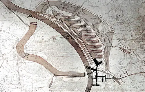 Present Dock System of Antwerp shown in black near C. Present course of River Scheldt A, B, C, D. Proposed "Grande Coupure" (great cut) in river channel A, E, C. Proposed great extension of dock system shown to the right of new river channel C, E, A.