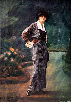 Mlle Violette in a tailored black-and-white checkered gown by Doucet, 1913.