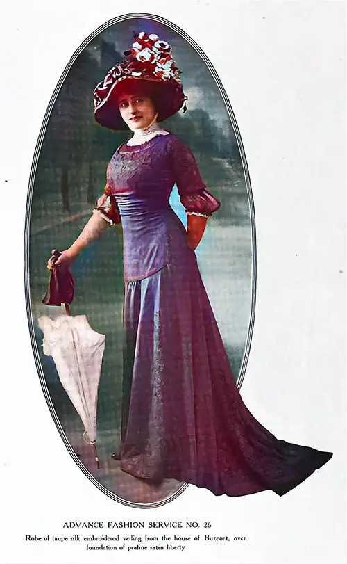GGA Image ID # 224a2816b8 Afternnon Costume Consisting of a Robe of Taupe Silk Embroidered Veiling Over the Foundation of Praline Satin Liberty From the House of Buzenet.