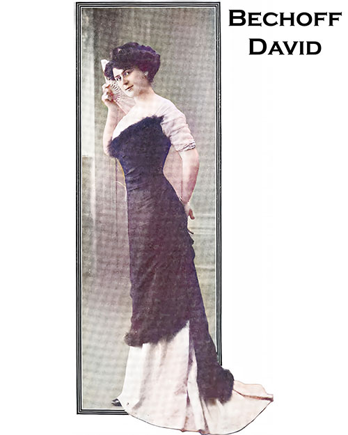 GGA Image ID # 217caf544d The Striking Dinner Gown Is of Blue Brocade With an Overdress of Black Satin Trimmed With Fur. One of the Most Recent Creations of Bechoff-David.