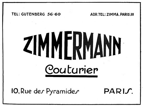 1930 Advertisement by Zimmermann, Couturier, 10 Rou des Pyramides, Paris.