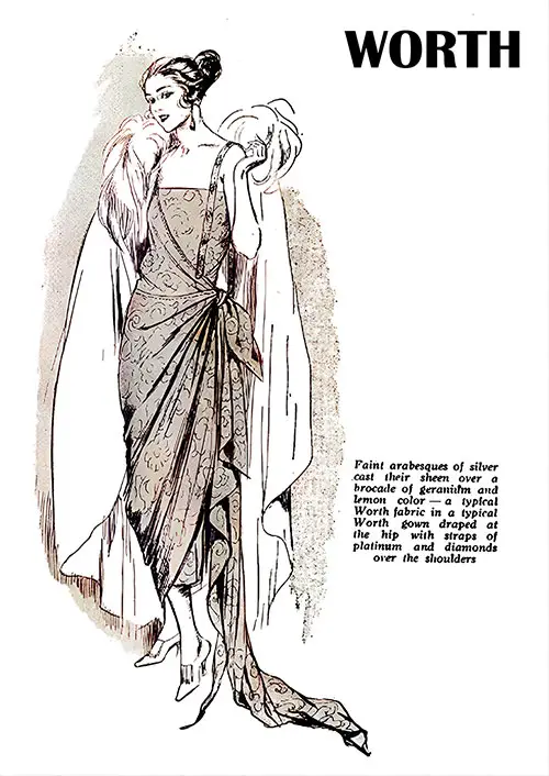 Typical Worth Gown Draped at the Hip With Straps of Platinum and Diamonds Over the Shoulders.