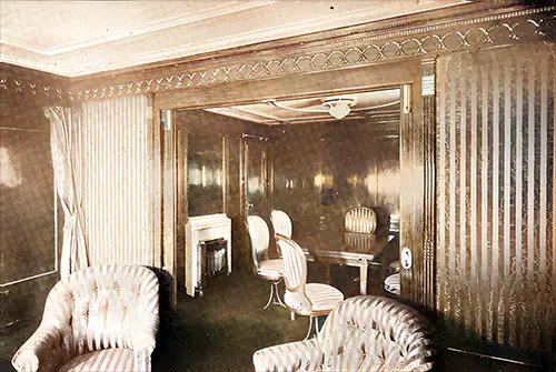 View of Dining Room Seen from the Drawing Room of Regal Suite on the RMS Mauretania, 1907.