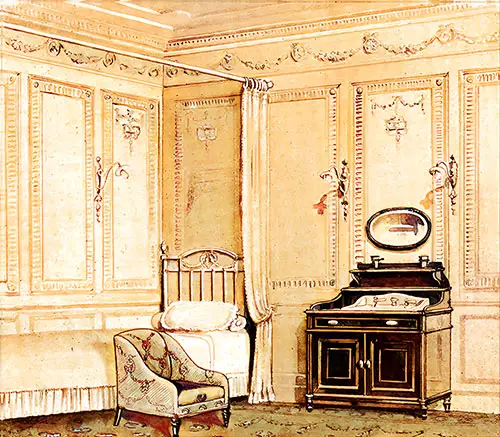 First Class Stateroom Called the Adams Room on the RMS Mauretania, 1907.