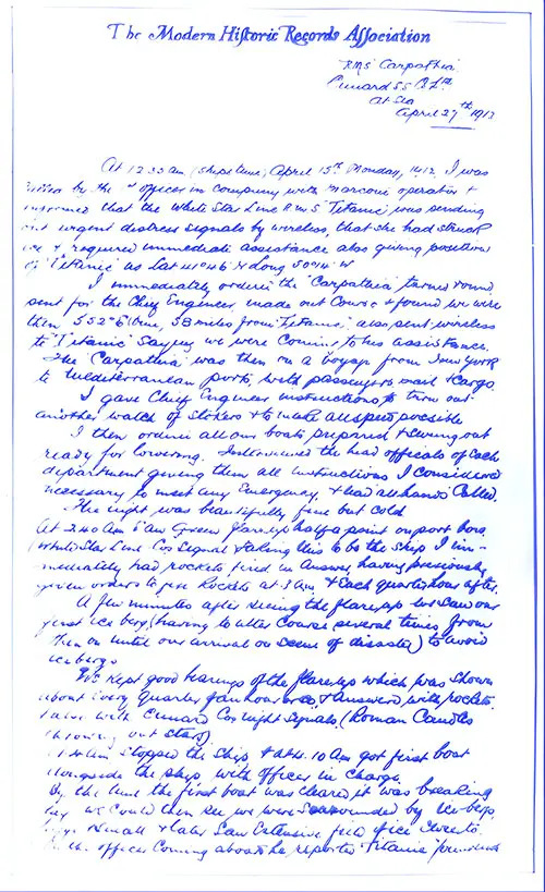Hand-Written Account by Captain A. H. Rostron of the R.M.S. Carpathia Describing His Response to the Distress Signal of the Titanic on 15 April 1912. 