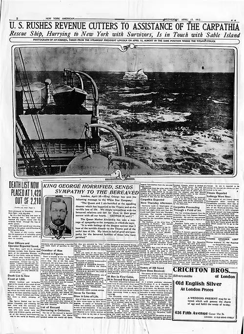Page 2 of the New York American, 17 April 1912. Featured Article: U.S. Rushes Revenue Cutters to Assistance of the Carpathia.