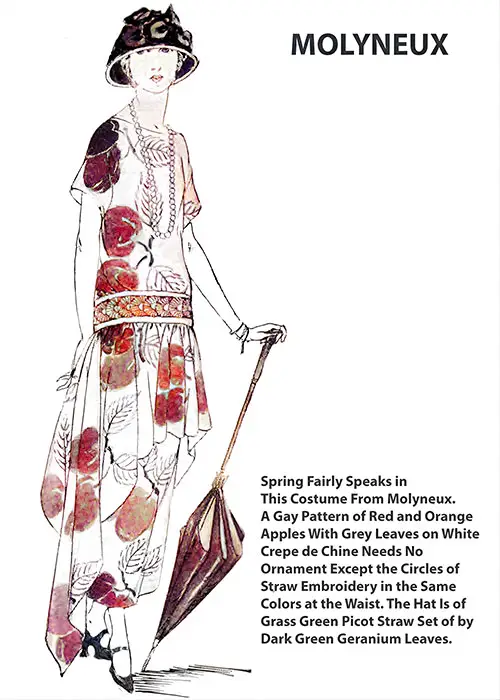 Spring Fairly Showcases a Costume From Molyneux Featuring a Vibrant Pattern of Red and Orange Apples Set Against Gray Leaves on White Crepe de Chine.