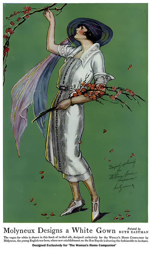 Molyneux Designs a White Gown. The vogue for white is shown in this frock of twilled silk, designed exclusively for the Woman’s Home Companion by Molyneux.
