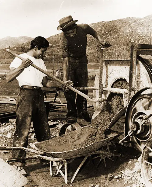 GGA Image ID # 2228a4722d Two National Youth Administration Employees Mixing and Pouring Concrete for the Construction of the West Riverside Ranger Station, Riverside County, California, c. 1940.