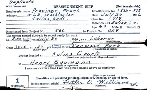 Copy 1, WPA Form 402 Reassignment Slip Issued on Behalf of Frank Province, Laborer, for a WPA Project Located at Kenwood Park in Saline County, 30 July 1936.