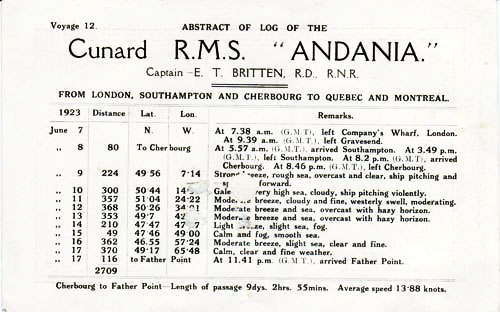 Abstract of Log, Cunard Line RMS Andania 1923