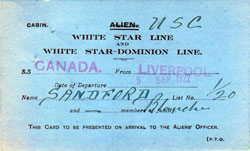 Canadian Alien Card, White Star Dominion Line SS Canada, Blanche Sandford, 1922