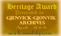 Heritage Gold Award for Genealogical Website - Gjenvick-Gjønvik Archives